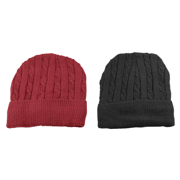 2 pack Beanie Thick Cable Knit Faux Fur Lining Skull Cuffed Cap Warm Insulated Unisex Black and Burgundy