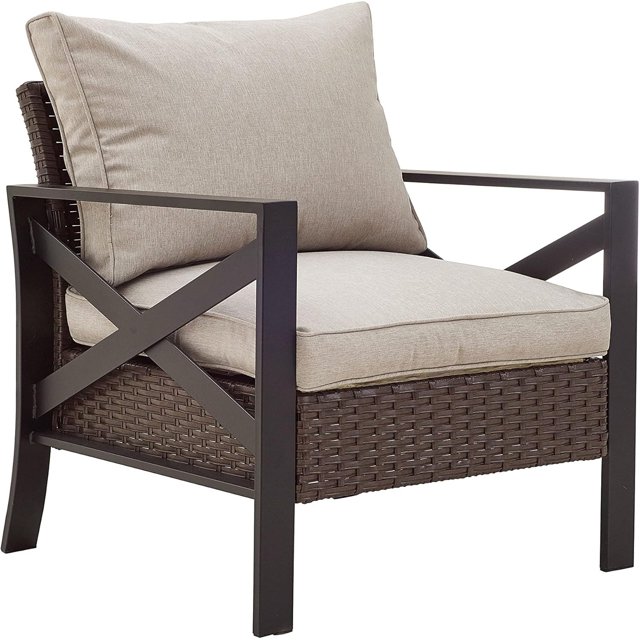 LOKATSE HOME Outdoor Single Wicker Sofa Armchair, Patio Bistro Rattan Chair with Side X Shaped Steel Frame Leg, Thick Cushion, Brown