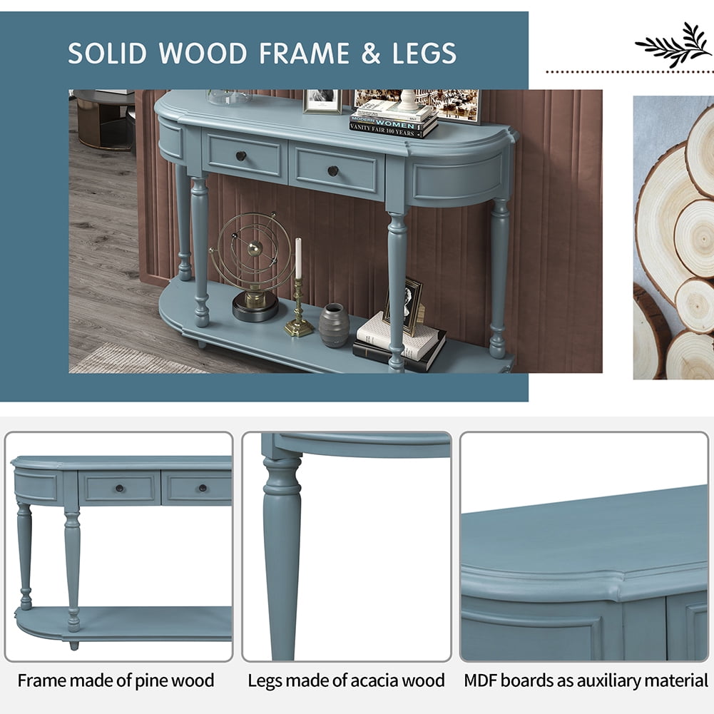 Lowestbest Retro Curved Console Table, Entryway Table with Shelf Wooden Frame and Legs Two Top Drawers (Navy) Lowestbest Retro Curved Console Table, Entryway Table with Shelf Wooden Frame and Legs Two Top Drawers (Navy)
