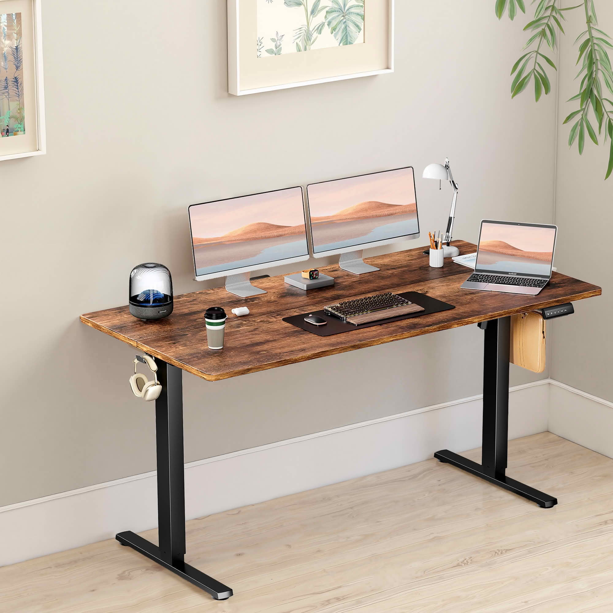 MAYEERTY 55x24 Ergonomic Height Adjustable Desk, T-Shaped Metal Bracket, Computer Workstation, Rust
