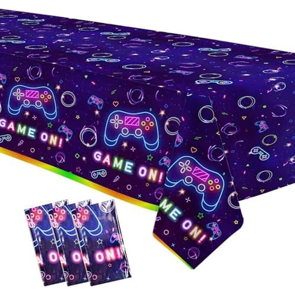 Video Game Party Tablecloth Decorations - Disposable Neon Glow Level Up Game On Birthday Party Supplies Table Cover - 3 Pack (54in x 108in)