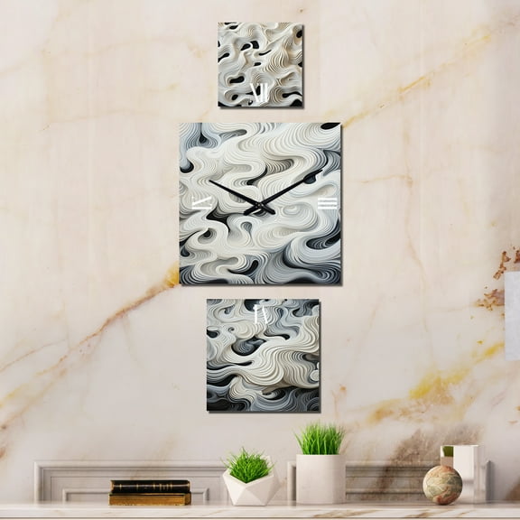 Designart "Black and White Waves in Monochrome Op Art" Abstract Spirals Extra large Clock For Office Décor - Large Contemporary Wall Clock - Oversized White Wall Clock - Set Of 3