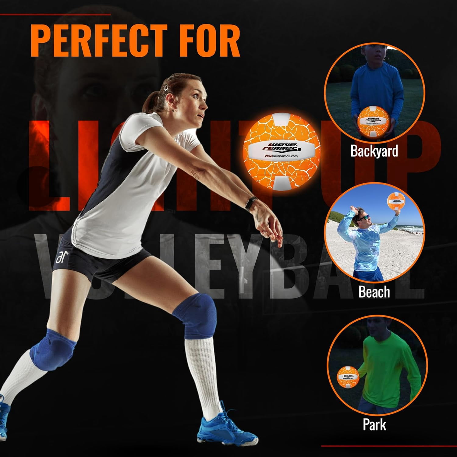 Wave Runner LED Light-Up Volleyball - Glow in The Dark, 10.35 in, Waterproof, Pump & Batteries Included, Great for Teens, Adults & Night Beach Games