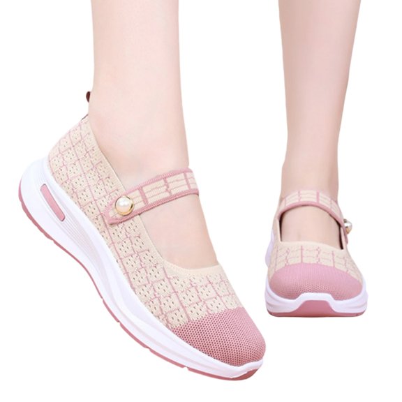 Women Grid Plaid Fly Knit Mary Jane Shoes, Lightweight Breathable Arch Support Slip On Walking Flats Non Slip Wedge Rubber Sole Daily Casual Shoes