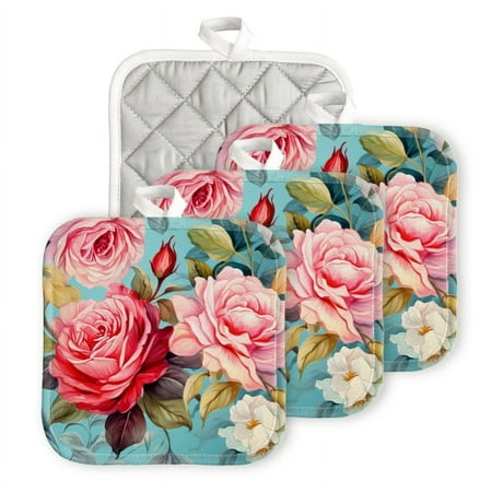 

Bahomeck Pot Holder 4Pcs Beautiful Vintage Floral Pattern With Pink And Red Roses Square Heat Resistant Hot Pads For Kitchen Cooking Oven With Hanging Loop Potholder Easy To Store
