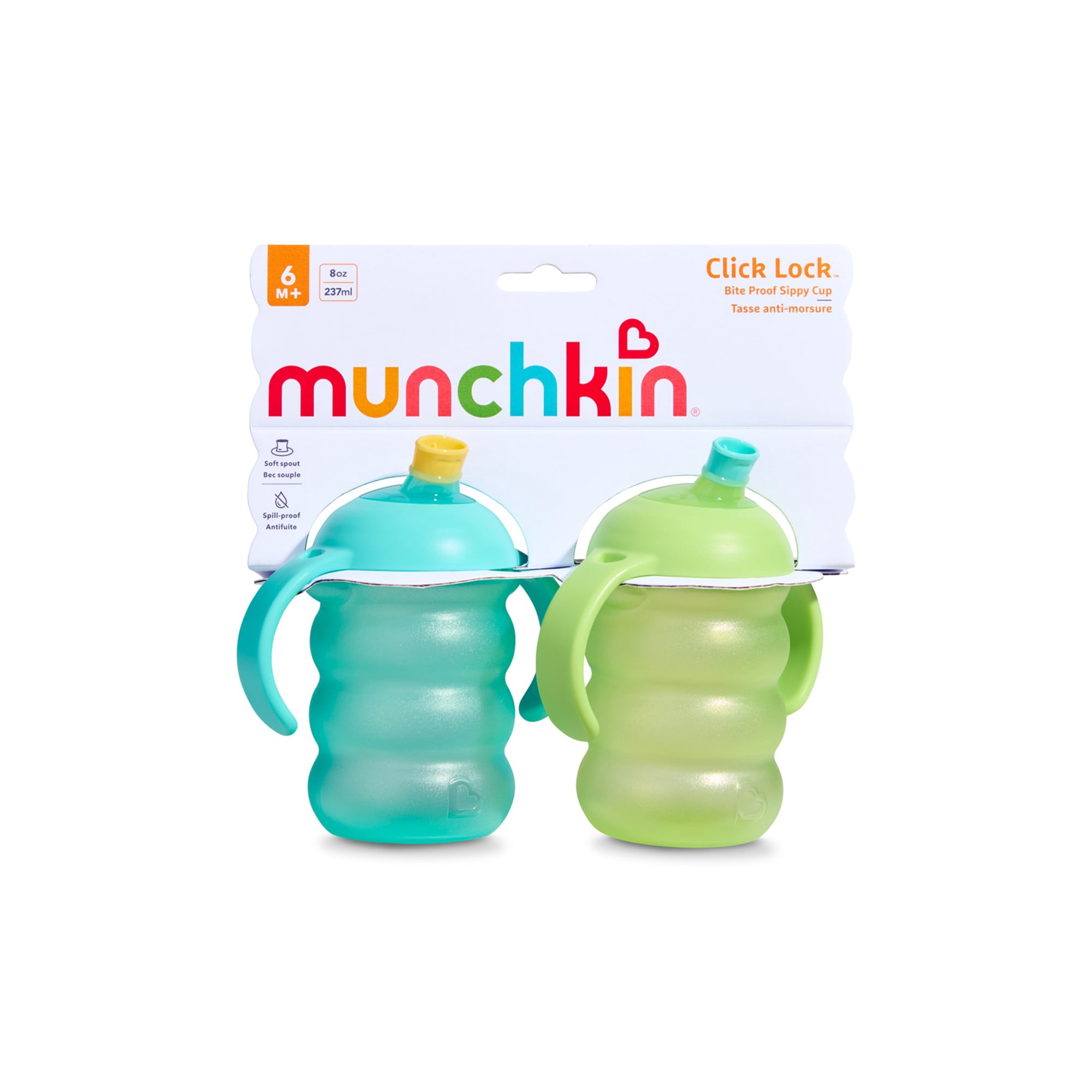 Munchkin Click Lock™ Toddler Sippy Cups, Spill Proof Trainer Sippy Cup for 6 Months Old and Up with Handles and Soft, Bite Proof Spout, 8 Ounce, 2 Pack, Blue/Green, Unisex