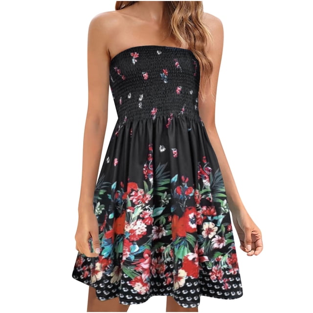 Dvkptbk Women's Summer Dresses 2024 Mode Boho Robe de Plage Florale Sans Bretelles Robe Longue Grande Taille Haut Tube Jupe Longue Robe de Plage