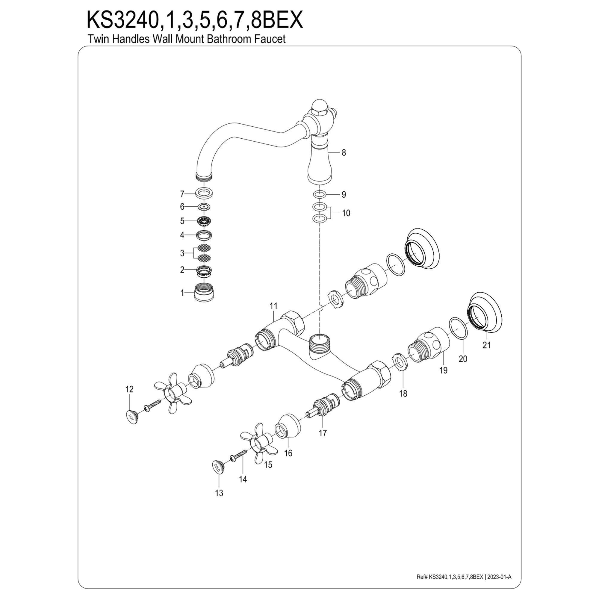 Kingston Brass KS3243BEX Essex Double-Handle Wall Mount Bathroom Faucet, Antique Brass