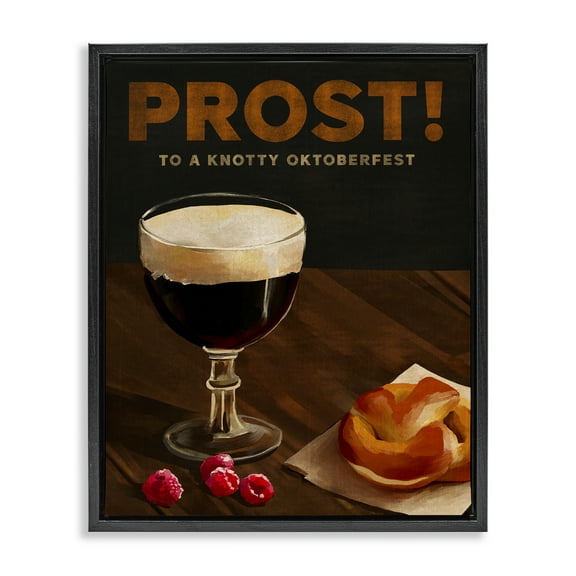 Stupell Industries Prost Beer & Pretzel Food & Beverage Painting Black Floater Framed Canvas Art Print Wall Art, 17 x 21