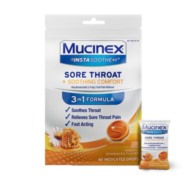 Mucinex Instasoothe Cough Drops, Sore Throat Lozenges, Honey & Echinacea, 40 Count
