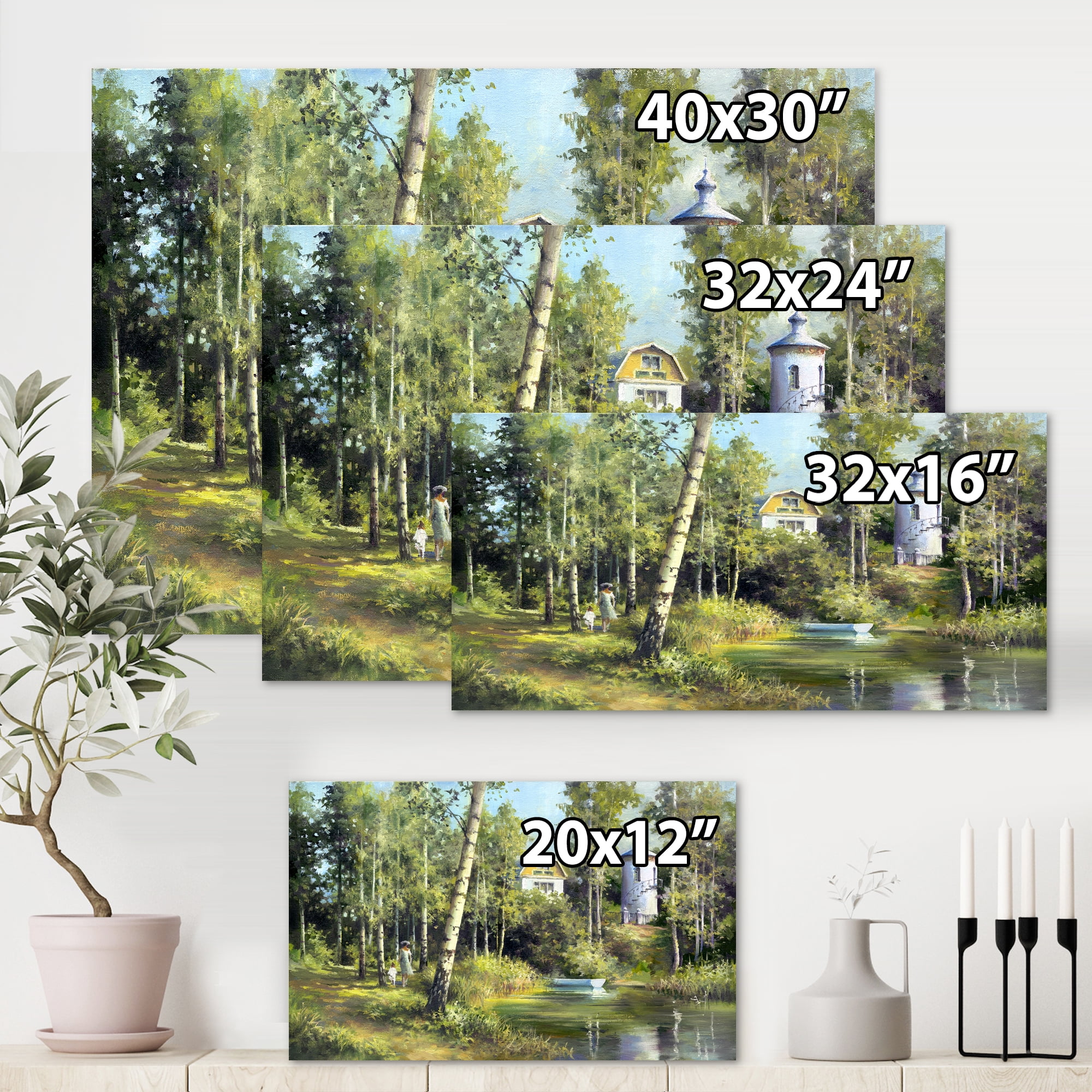 Designart ' The Wood River With Boat On A Decline By The Castle ' Lake House Canvas Wall Art Print