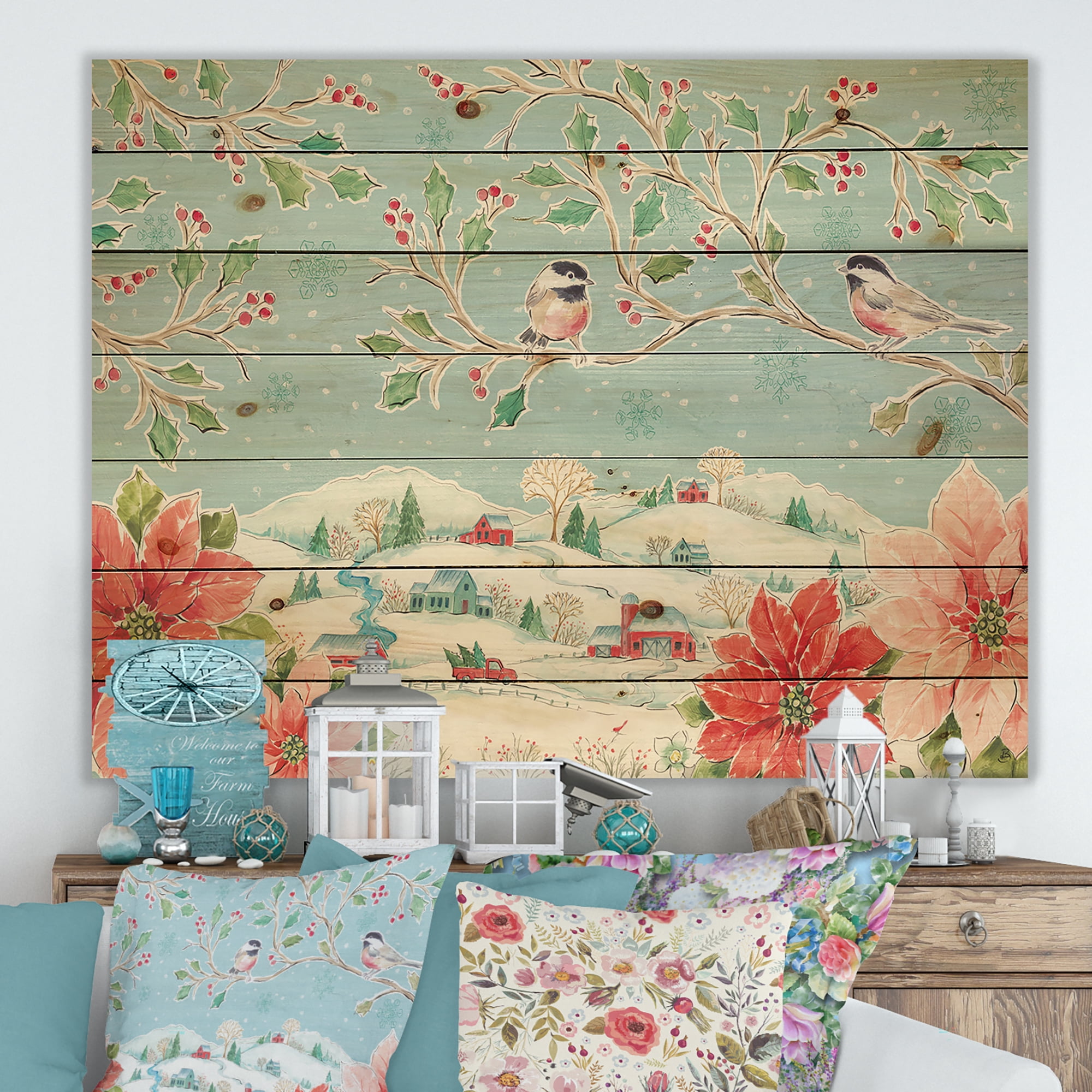 Designart 'Bird Sitting On Flower Branch in Winter' Farmhouse Print on Natural Pine Wood