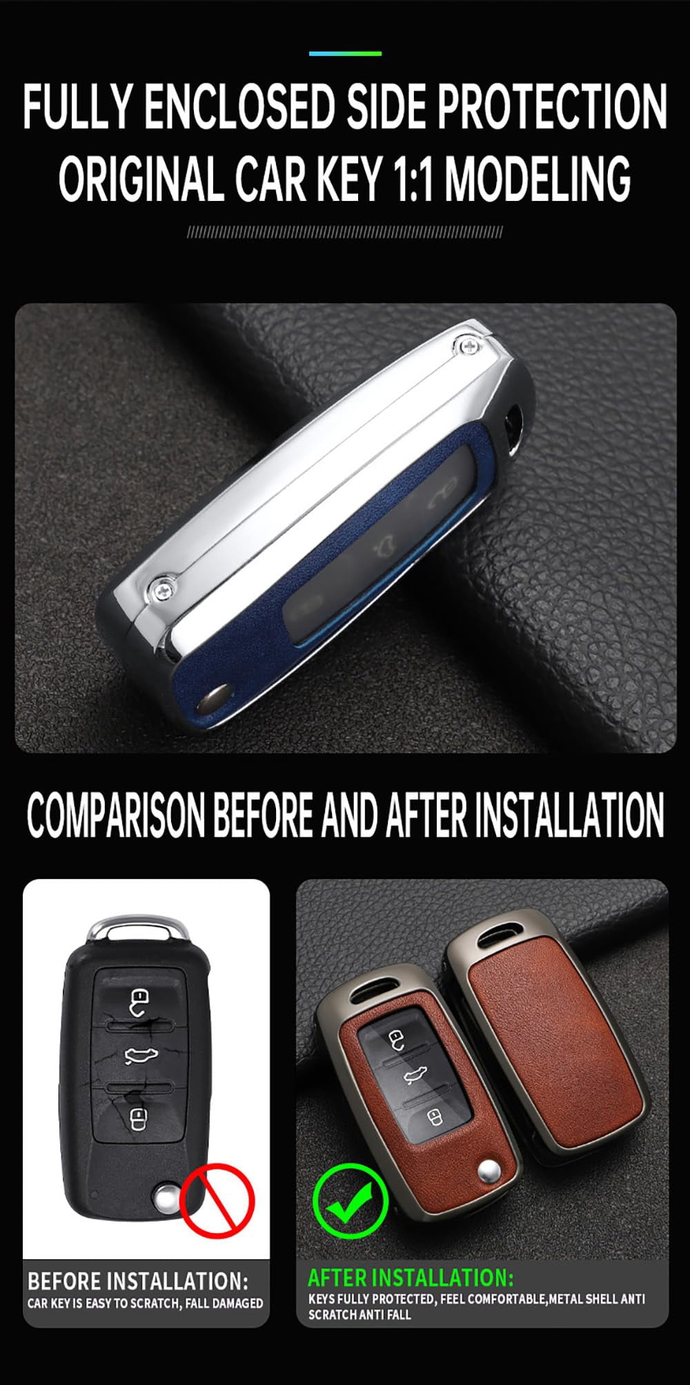 Metal Key Cover Leather Key Cover Fit for VW Flip Folding Key Fob Car Key Sleeve Key Jacket Fit for Volkswagen Jetta Tiguan Passat Polo Beetle Golf GTI/R/MK6 5 Santan Sharan Bora