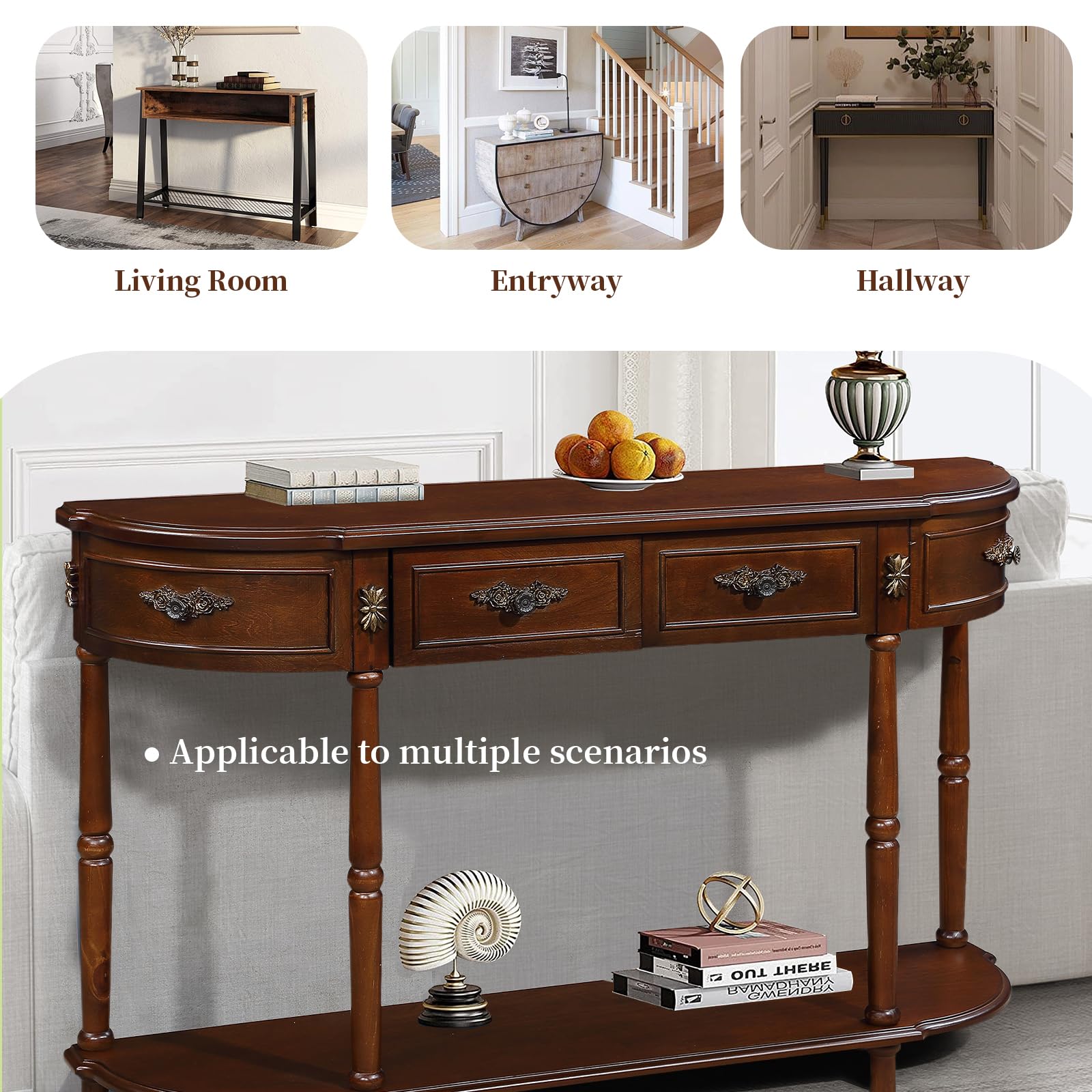 52" Retro Half Moon Console Table - Curved Wood Sofa Table with 2 Drawers & Open Shelf for Entryway, Living Room & Hallway in Cherry