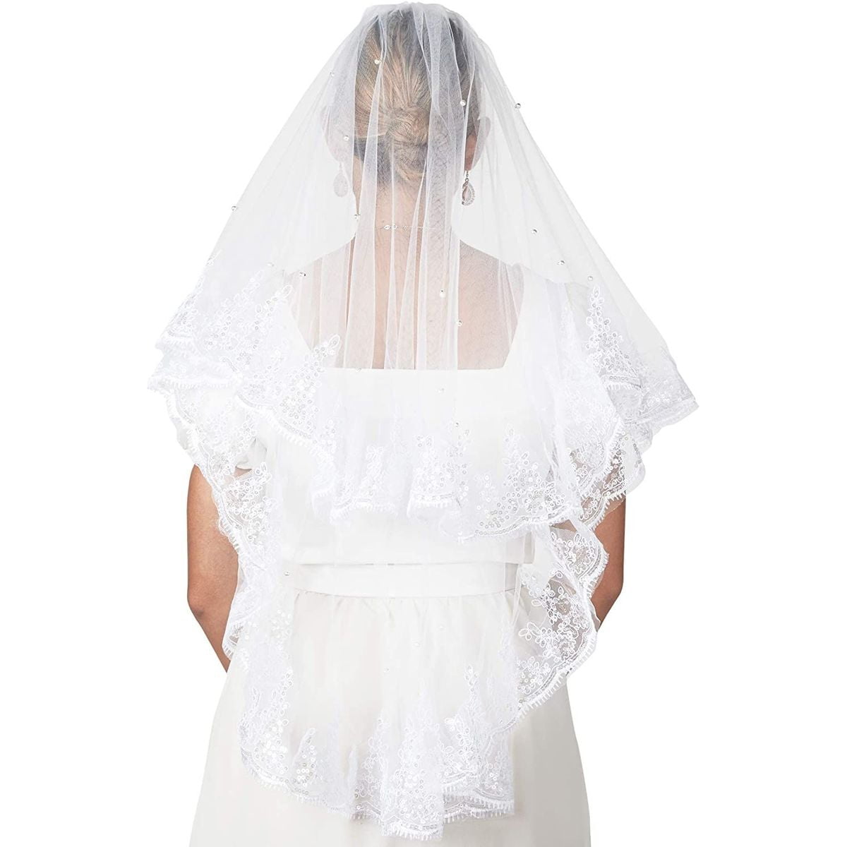 2 Tier Bridal Veil Beautiful Ivory Cathedral Short Wedding Veils Comb Lace Edge 