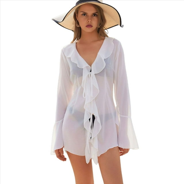 Blusa de Holgada de Larga con Volantes y Transparente para Mujer S
