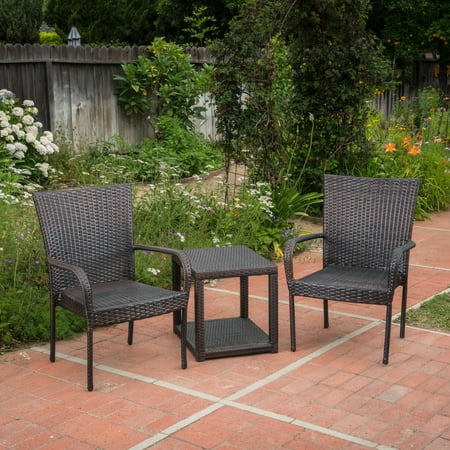- Parham Outdoor 3 Piece Wicker Stacking Chair Chat Set with Rectangular Table, Multibrown
