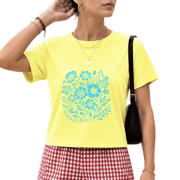 Giffimy Women's Yellow Minimal Line Art Wildflower Bouquet Graphic Short Sleeve Crop T-Shirt Soft XS-XL Top