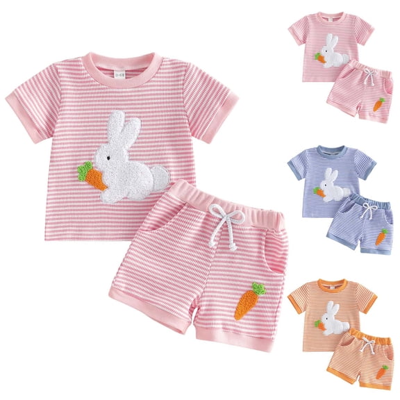 WUANDIXFA Baby Boy Girl Easter Outfit Bunny/Carrots Embroidery Waffle Stripes Short Sleeve T-shirt Tops Shorts Set Clothes (Orange, 18-24 Months)