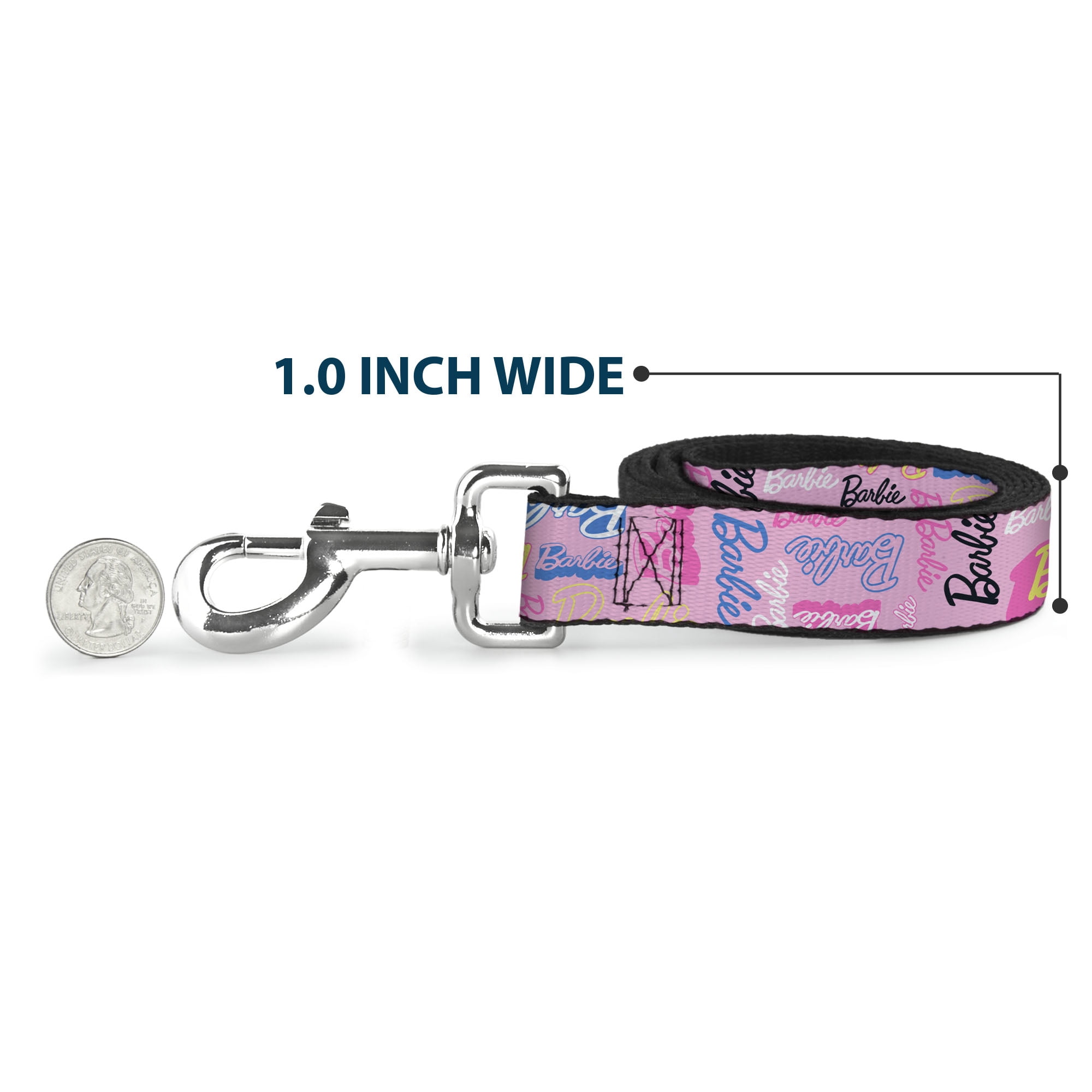 Mattel Pet Leash, Dog Leash, Barbie Script Signature Collage Pink Multi Color, 6 Feet Long 1.0 Inch Wide