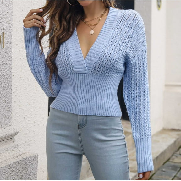 Frostluinai V Neck Sweaters for Women Long Sleeve Hollow Out Tunic Sweaters Solid Color Sexy Pullover Holiday Sweaters Comzy Pullover Tops