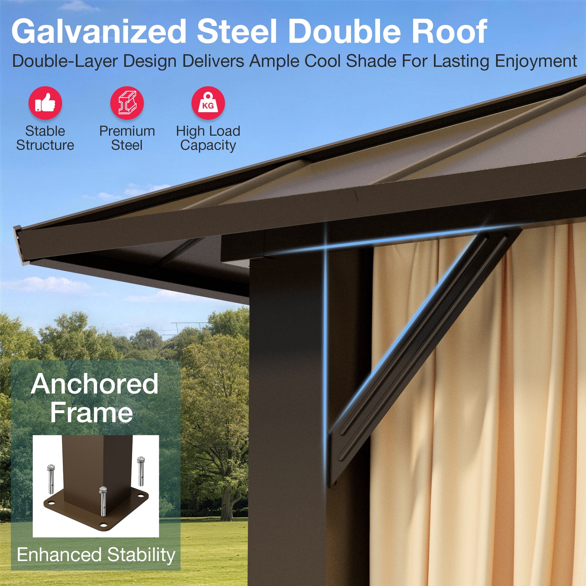 Pamapic 10x12 FT Hardtop Gazebo, Galvanized Steel Double Roof Outdoor Pavilion with Breathable Netting and Privacy Curtain, Brown for Patio, Backyard, Deck, Lawn