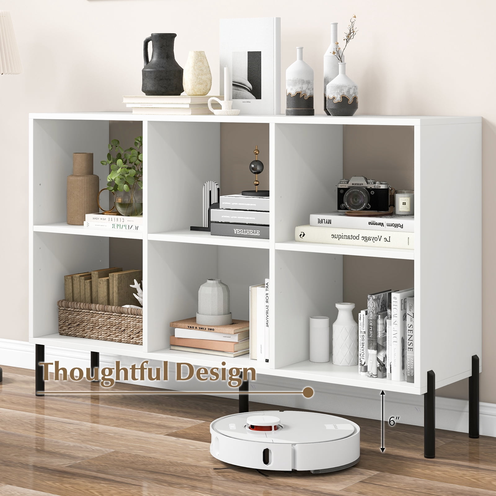 Giantex 6 Cube Storage Organizer Bookshelf, Wood Open Bookcase w/Metal Legs, Adjustable Display Shelf, White