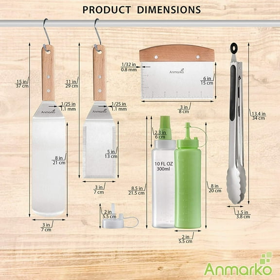 Professional Stainless Steel Spatula Set - 6-Piece Heavy Duty BBQ Grill Accessories with Wooden Handles and Tongs