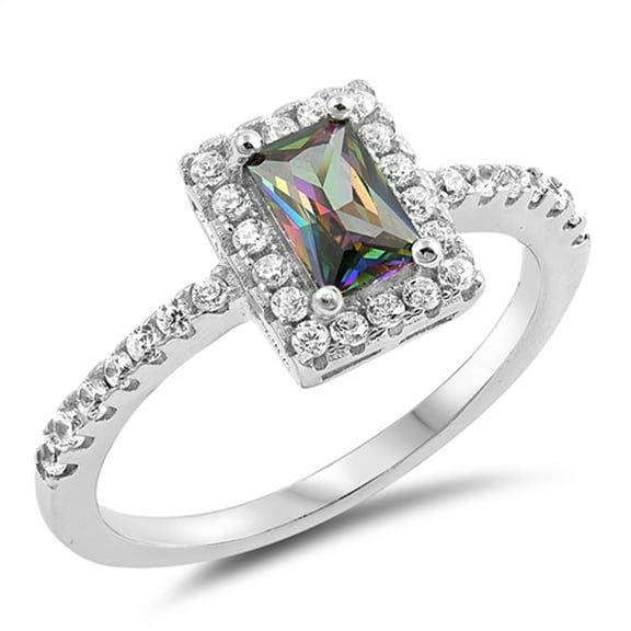 Multi-color CZ Rectangle Halo Dainty Ring .925 Sterling Silver Band Black Jewelry Female Size 8