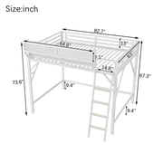 Queen Size Loft Bed with Storage, Metal Loft Beds with Upper Shelf, High Loft Bed Frame with Ladder, Lofted Queen Bed for Teens, White Loft Bed