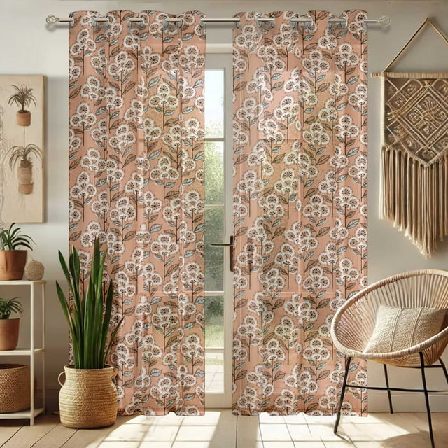 Vargottam Flowers Print Extra Long Sheer Curtains for Double Height Windows & Doors Set of 2 Panels, 108" Length, Grommet Top, Light Filtering Printed Georgette Drapes