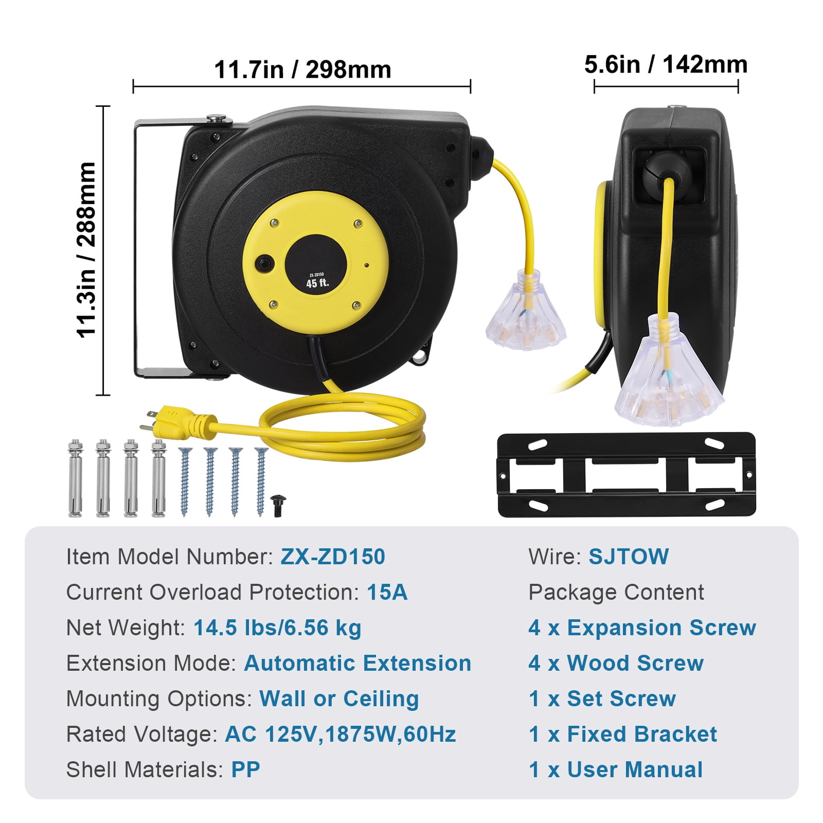 KFFKFF Retractable Extension Cord Reel, 45 FT, Durable 12AWG/3C SJTOW Power Cord with Illuminated Triple Outlet, 15 Amp Circuit Breaker, and 180° Swivel Mount for Ceiling or Wall Installation