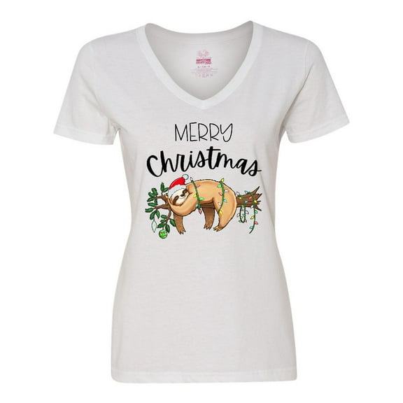 Inktastic Merry Christmas Cute Sloth with Santa Hat and Lights Women's V-Neck T-Shirt