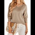 thumbnail image 1 of Blusas para Mujer, de Punto Gofre, de Larga, con Cuello en V y Muescas, Informales, Modernas, de Color Liso, Holgadas. Camello S, 1 of 7