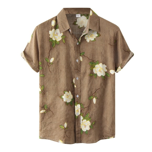 Ploknplq Mens Shirts Polo Shirts for Men Men's Summer Casual Hawaii Floral Print Shirt Short Sleeve Turn-Down Collar Shirt Mens Dress Shirts Khaki M