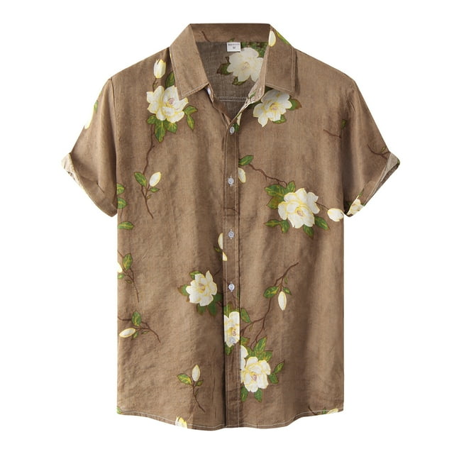 Ketyyh-chn99 Chandails de Dessous pour Hommes Mode Chemise d'Été Décontractée à Imprimé Floral pour Homme Chemise à Manches Courtes Col Rabattu Kaki,2TG