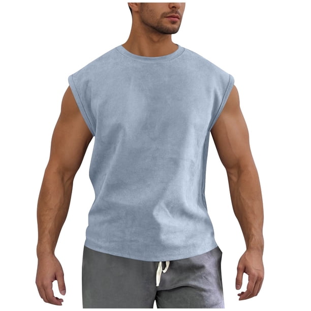 Camiseta de tirantes de cuello redondo para hombre, de gamuza, deportiva, de poliéster, con cuello redondo