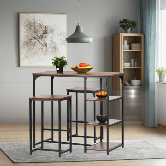 HOMYLIN Mesa de Bar y 2 Banco Juego de 3 Piezas, Mesa 100cm con 3 Niveles de Almacenamiento, Taburetes Set 2 para Cocina, Salón, Pub o Restaurante, Marrón