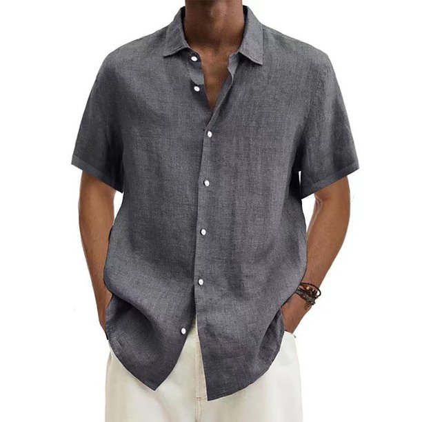 diseñador primavera verano hombres casual algodón lino color sólido camisas de manga corta camisas sueltas gris oscuro / m
