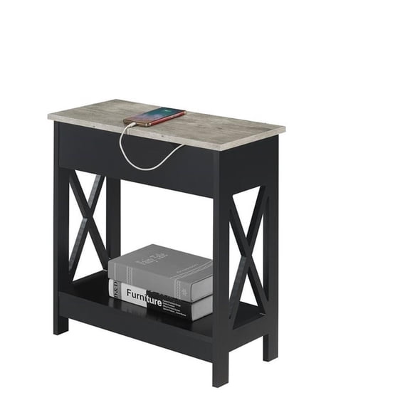 Pemberly Row Flip-Top End Table w/ Charging Station & Shelf in Black Wood Finish