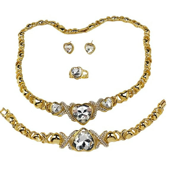 Jewelry Set For Women - Women's Hugs & Kisses XOXO Shiny Hearts DIAMOND Looking Charm - 18K Gold Plated Necklace Set Includes Necklace Bracelet Earrings Ring Set