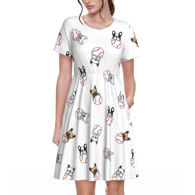 Daiia Robes pour Femmes à Imprimé Chien Bbaseball 2025 Robes Tendance à Manches Courtes Décontractées Amples et Fluides Maxi Robes de Soleil