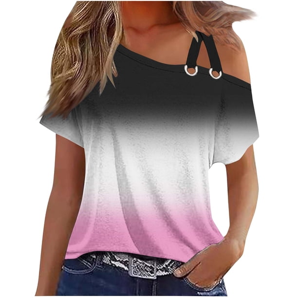 Tops de Ajuste Suelto para las Mujeres Moda Impresa Doble Suspensión Manga Corta Top Suelto, Blusa Casual Ligera
