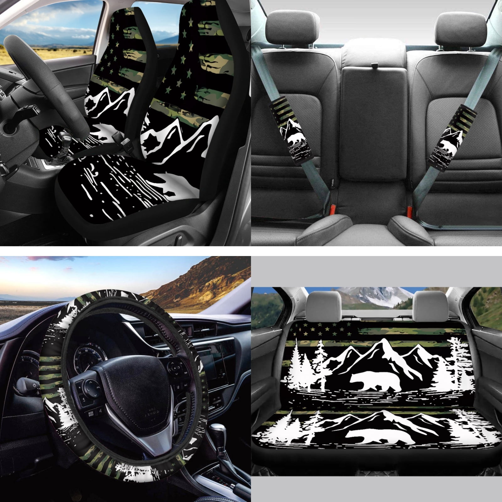 Jeiento American Military Flag Car Seat Covers Set of 13 Pack, Auto Steering Wheel Cover Seatbelt Pads Trash Can Rear View Mirror Protector Mountain Coasters Keychain Lip Balm Holder Car Accessory