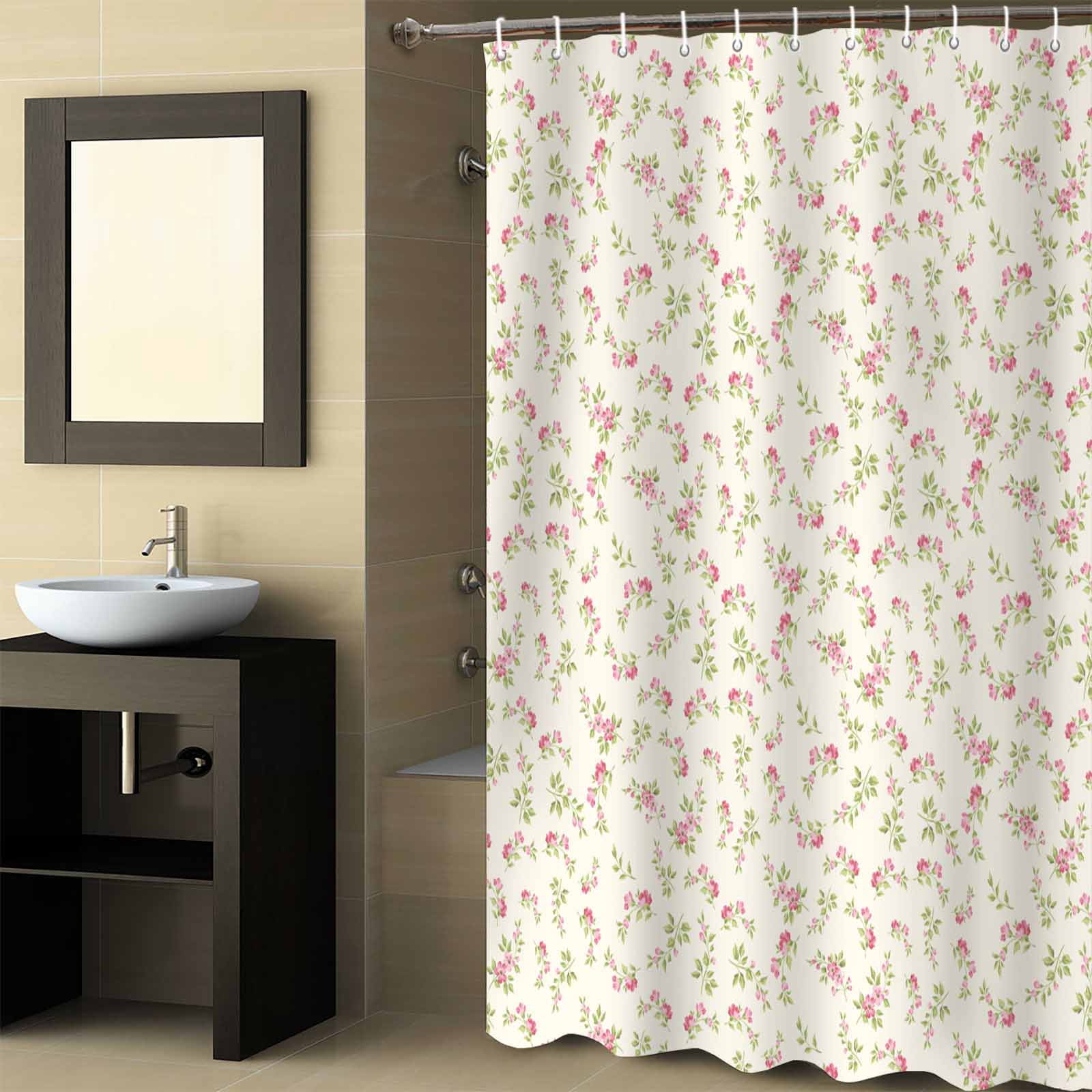 Fabric Shower Curtain Vintage Rustic Floral Light Pink Roses Leaves Beige Shower Curtains with 12 Hooks Waterproof Machine Washable Bath Curtains for Bathroom, 72 x 72in