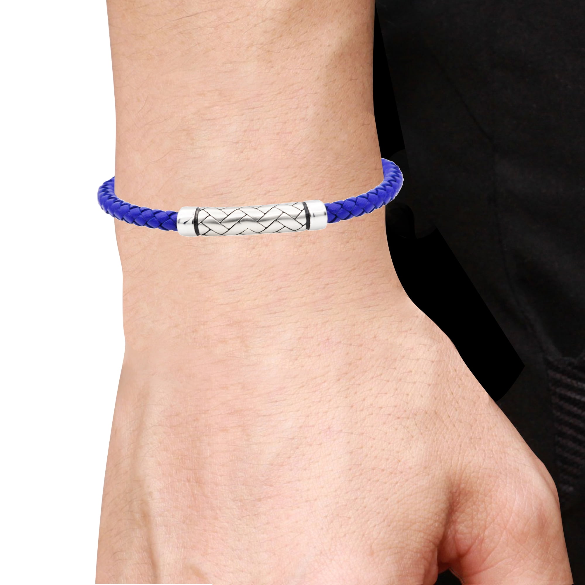 Arista Men's Rope Design Bracelet in Blue Leather Solid Stainless Steel, 8.5"