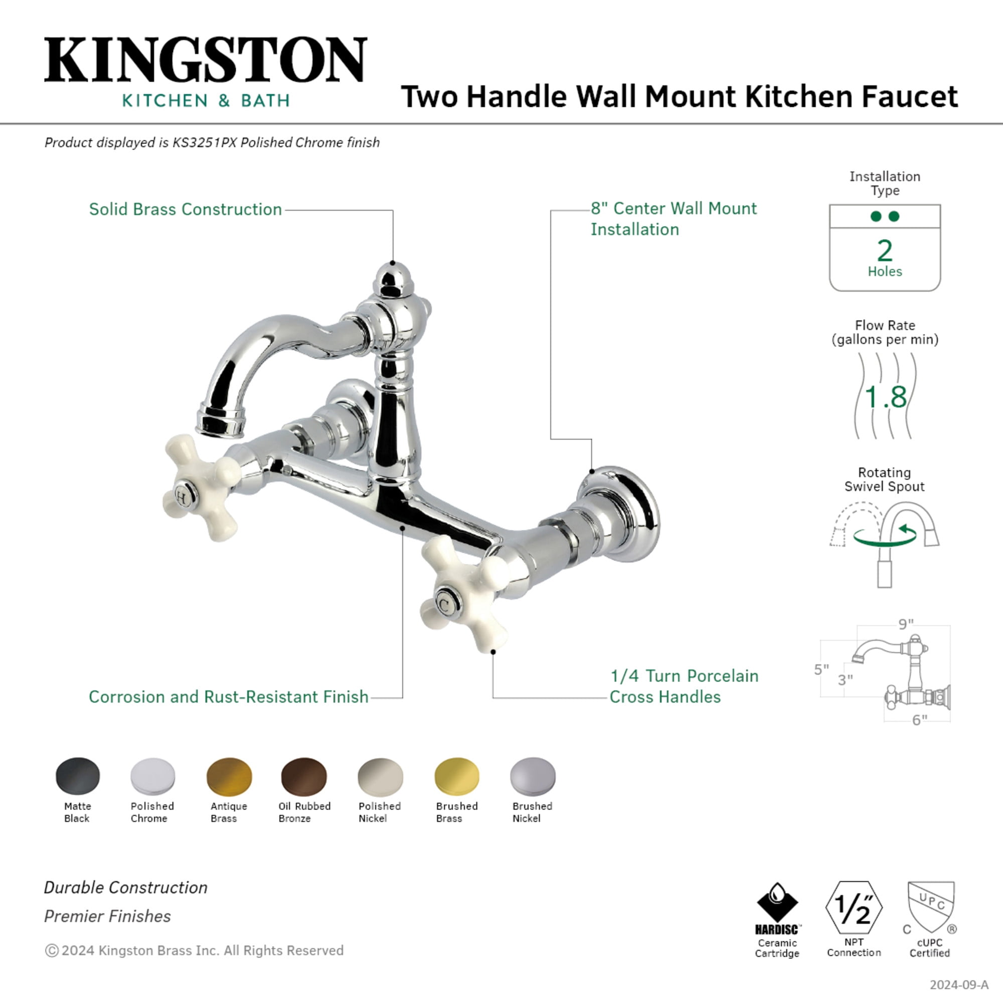 Kingston Brass KS3256PX Vintage Double-Handle Wall-Mount Bridge Kitchen Faucet, Polished Nickel