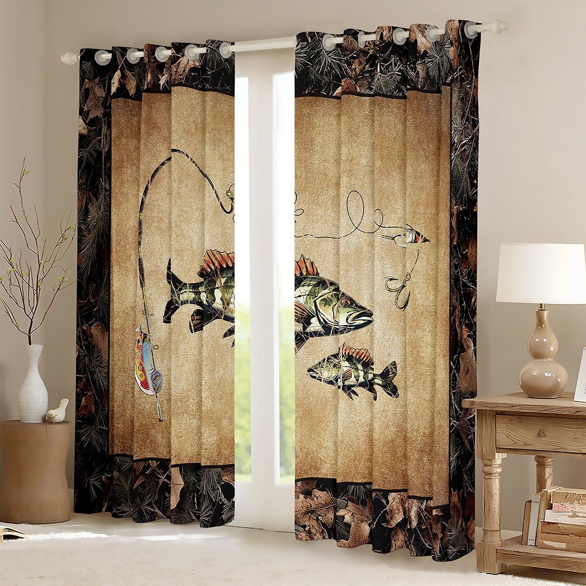 Rustic Bass Fish Curtains 42"Wx84"L Country Camo Fishing Window Curtains Woodland Camouflage Lake Fish Fisherman Curtains & Drapes Men Farmhouse Cabin Curtains 2 Panels