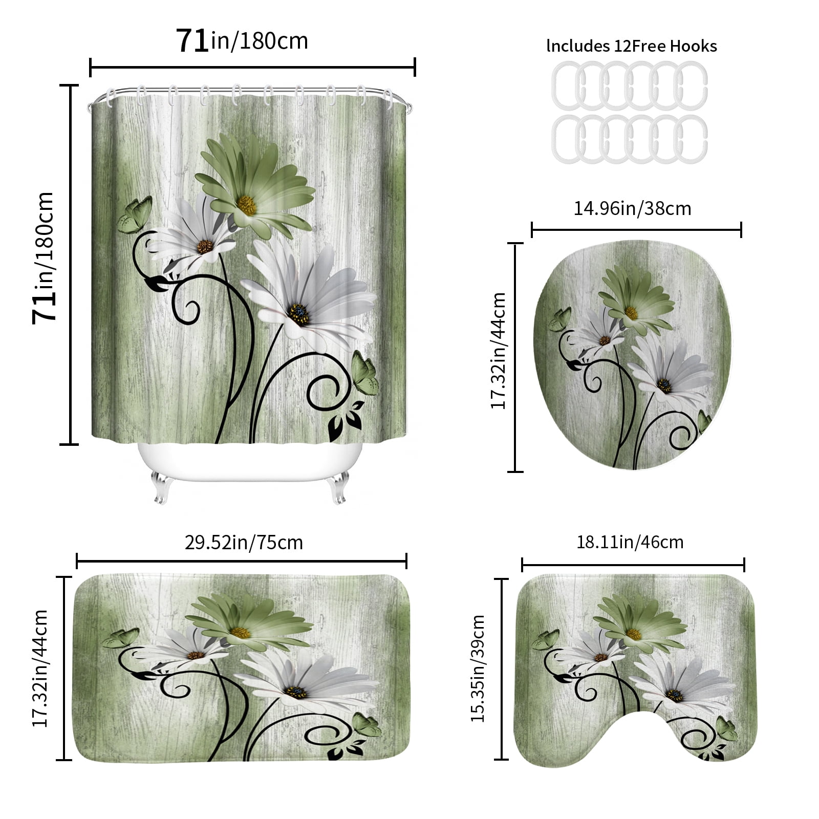 Hadint 4Pcs Grass Green Daisy Floral and Butterfly Shower Curtain Set, Shower Curtain and Rug Set, 12 Pcs Hooks, 71inx71in
