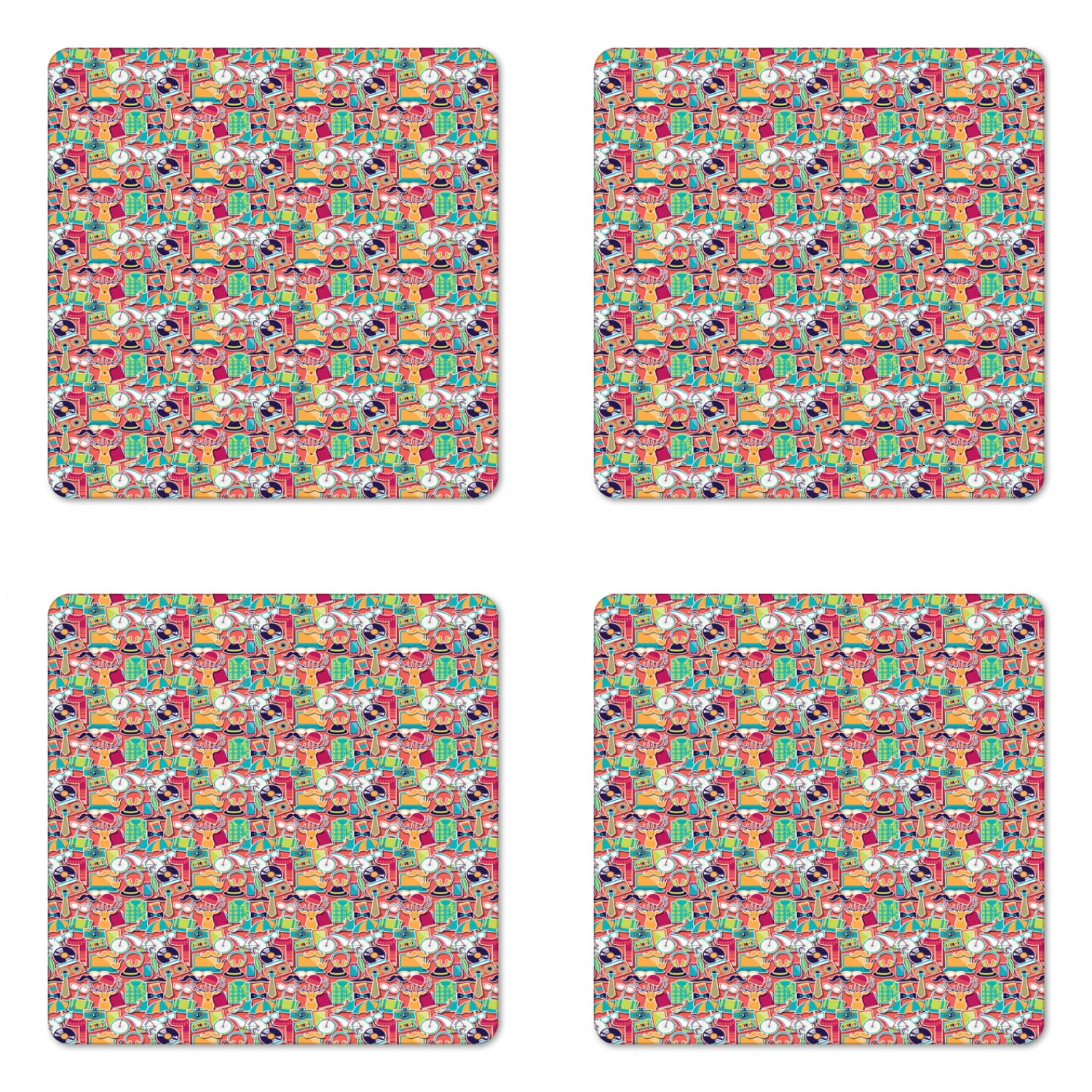 Hipster Coaster Set of 4, Funky Pattern with Various Hipster Elements